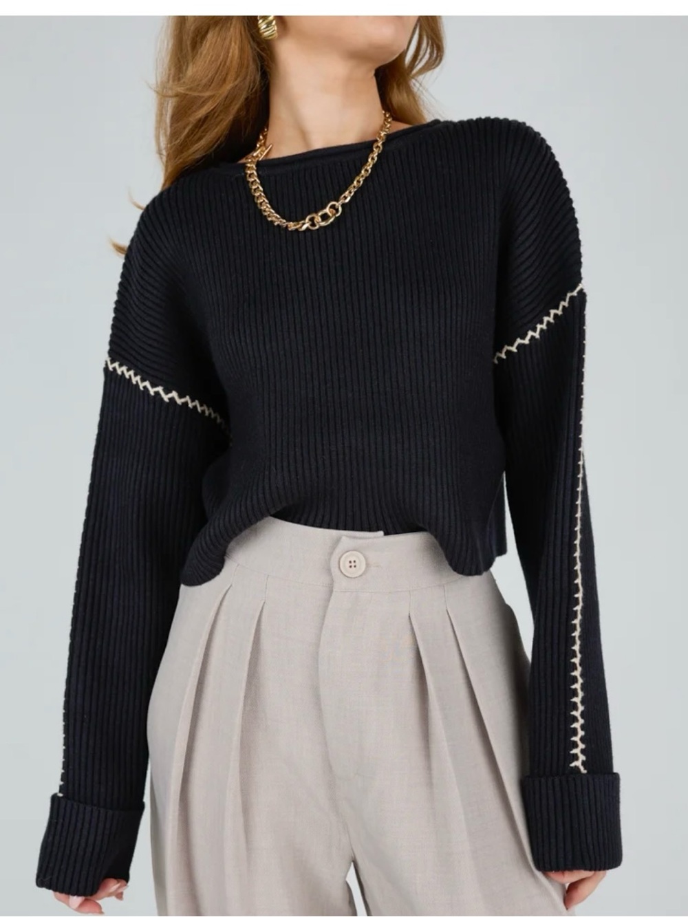 NWT Vestique Boutique Cropped Pullover Sweater Size Small Black / Cream